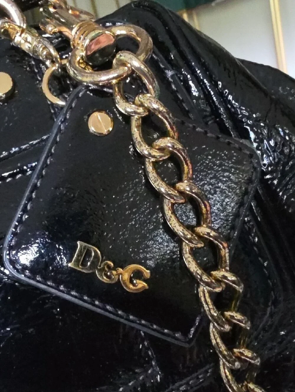 D&G Black Patent Satchel with Gold Chain Accent